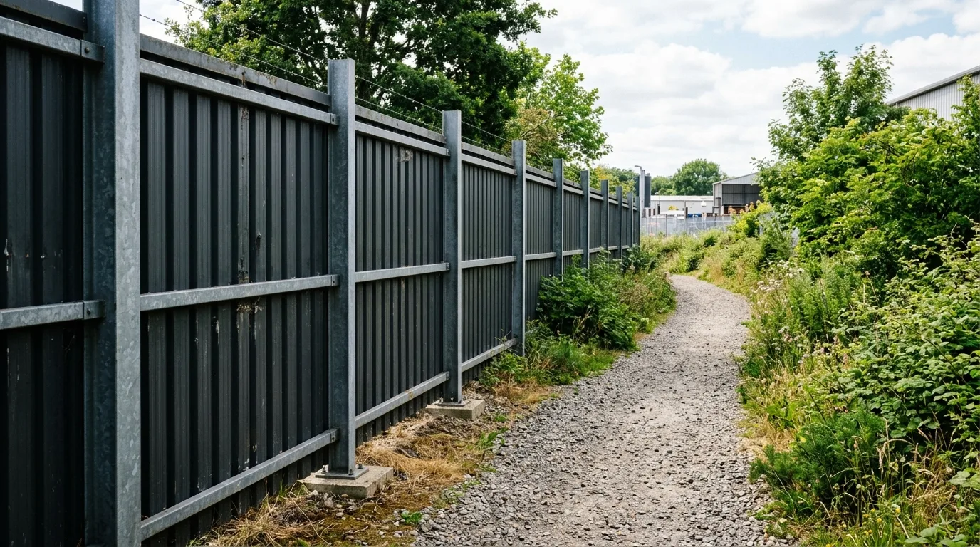 Industrial-Style Fence With Dark Sheet Metal Panels
